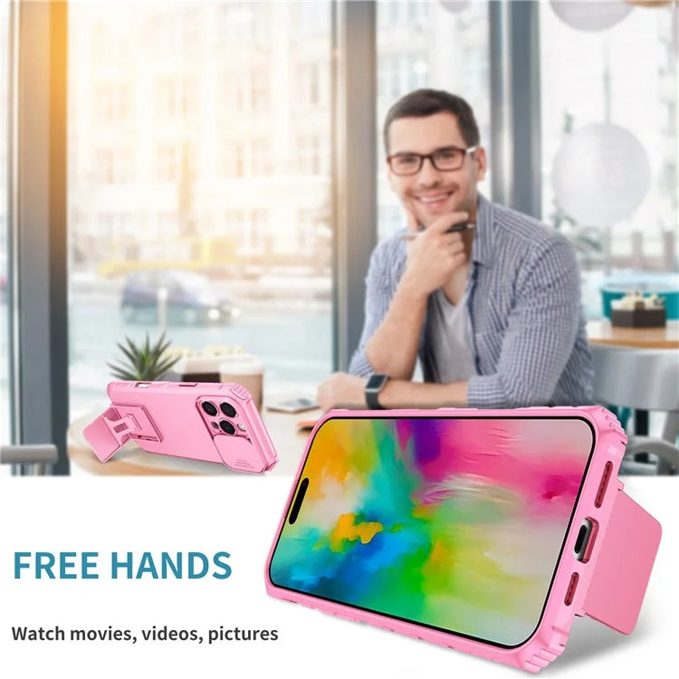 For iPhone 16 Pro Case Camera Slider PC + TPU Phone Cover with Kickstand