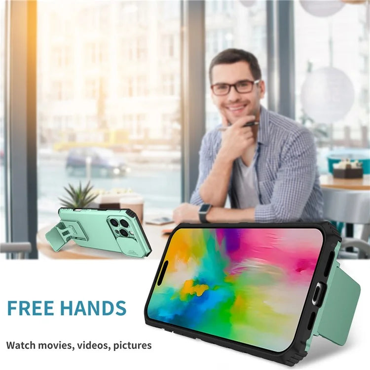 For iPhone 16 Pro Case Camera Slider PC + TPU Phone Cover with Kickstand