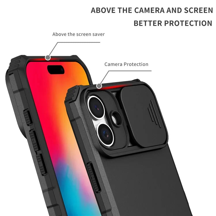 For iPhone 16 Plus Case Camera Slider PC + TPU Phone Cover with Kickstand