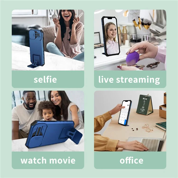 For iPhone 16 Plus Case Camera Slider PC + TPU Phone Cover with Kickstand