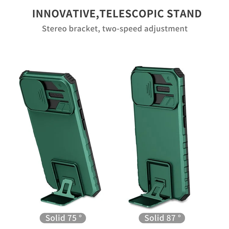 For iPhone 16 Plus Case Camera Slider PC + TPU Phone Cover with Kickstand