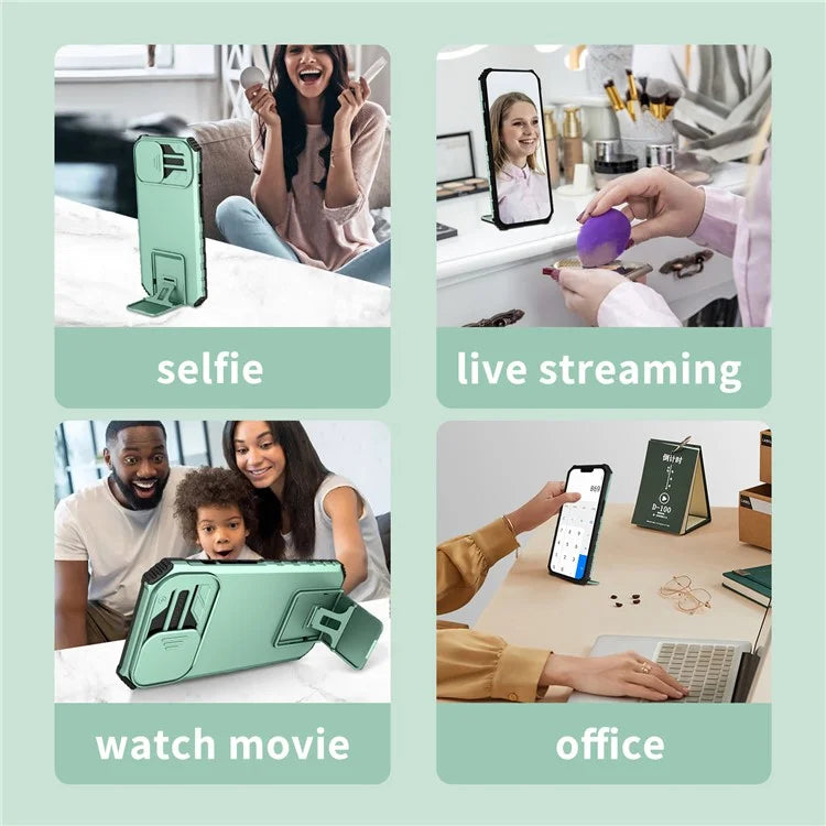 For iPhone 16 Plus Case Camera Slider PC + TPU Phone Cover with Kickstand