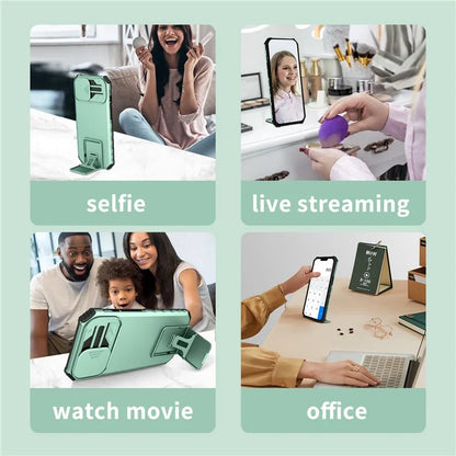 For iPhone 16 Plus Case Camera Slider PC + TPU Phone Cover with Kickstand