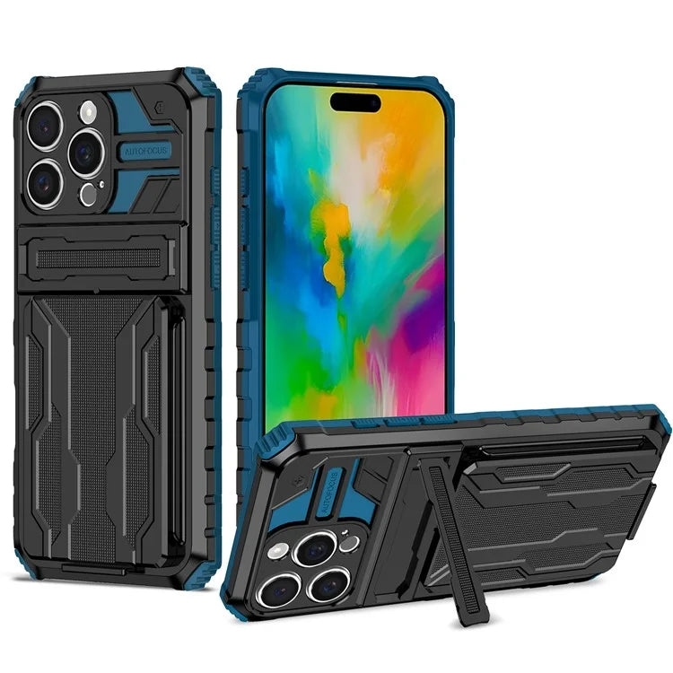 For iPhone 16 Pro Case with Card Holder PC + TPU Phone Back Cover Kickstand