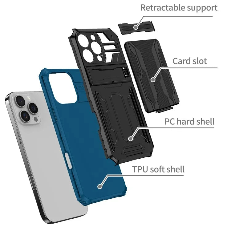 For iPhone 16 Pro Case with Card Holder PC + TPU Phone Back Cover Kickstand
