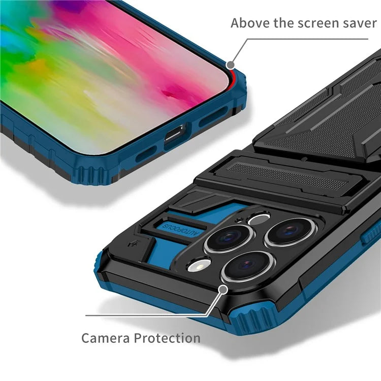 For iPhone 16 Pro Case with Card Holder PC + TPU Phone Back Cover Kickstand