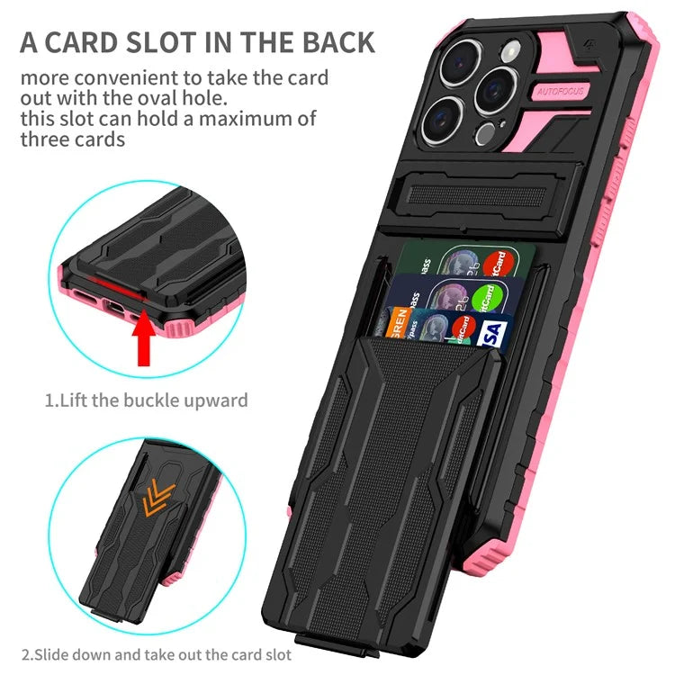 For iPhone 16 Pro Case with Card Holder PC + TPU Phone Back Cover Kickstand