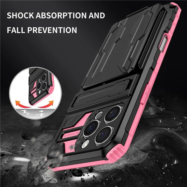 For iPhone 16 Pro Case with Card Holder PC + TPU Phone Back Cover Kickstand