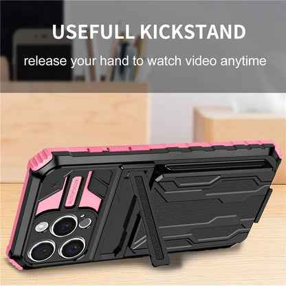 For iPhone 16 Pro Case with Card Holder PC + TPU Phone Back Cover Kickstand