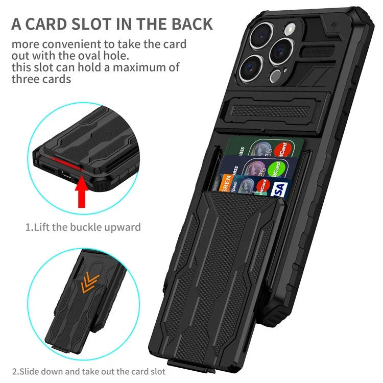 For iPhone 16 Pro Case with Card Holder PC + TPU Phone Back Cover Kickstand