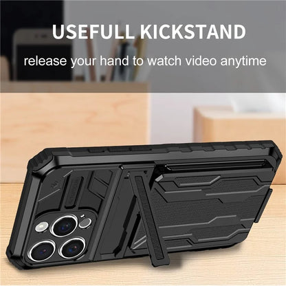 For iPhone 16 Pro Case with Card Holder PC + TPU Phone Back Cover Kickstand