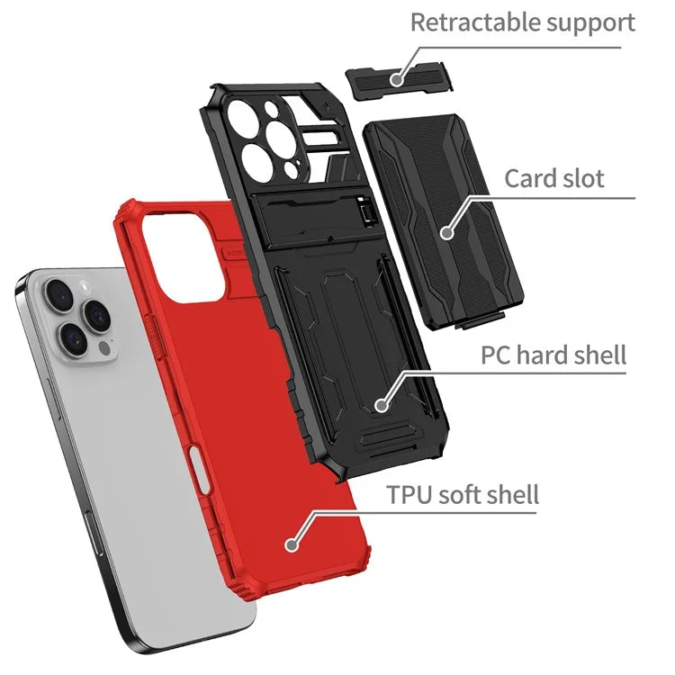 For iPhone 16 Pro Case with Card Holder PC + TPU Phone Back Cover Kickstand