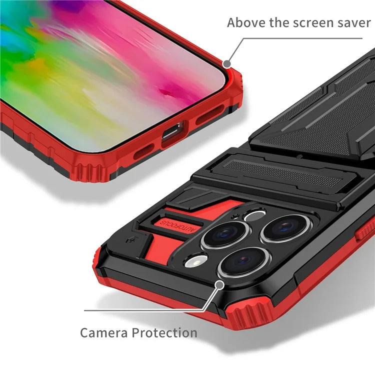 For iPhone 16 Pro Case with Card Holder PC + TPU Phone Back Cover Kickstand
