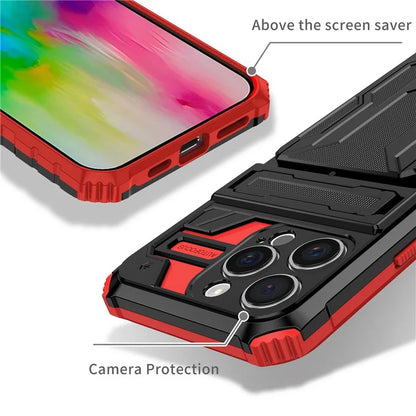 For iPhone 16 Pro Case with Card Holder PC + TPU Phone Back Cover Kickstand