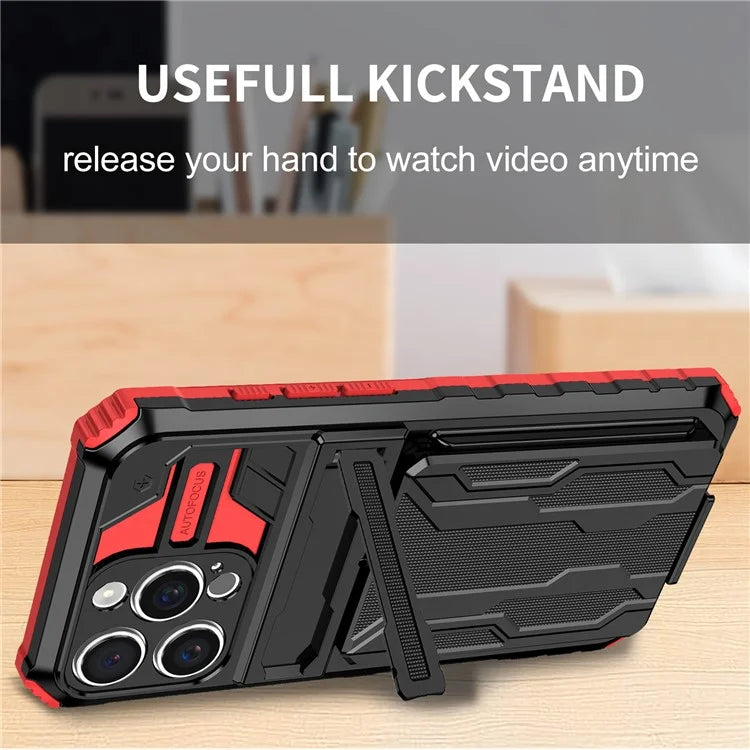 For iPhone 16 Pro Case with Card Holder PC + TPU Phone Back Cover Kickstand