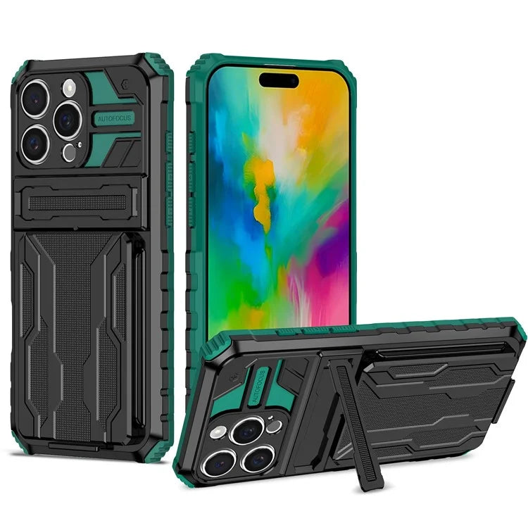 For iPhone 16 Pro Case with Card Holder PC + TPU Phone Back Cover Kickstand