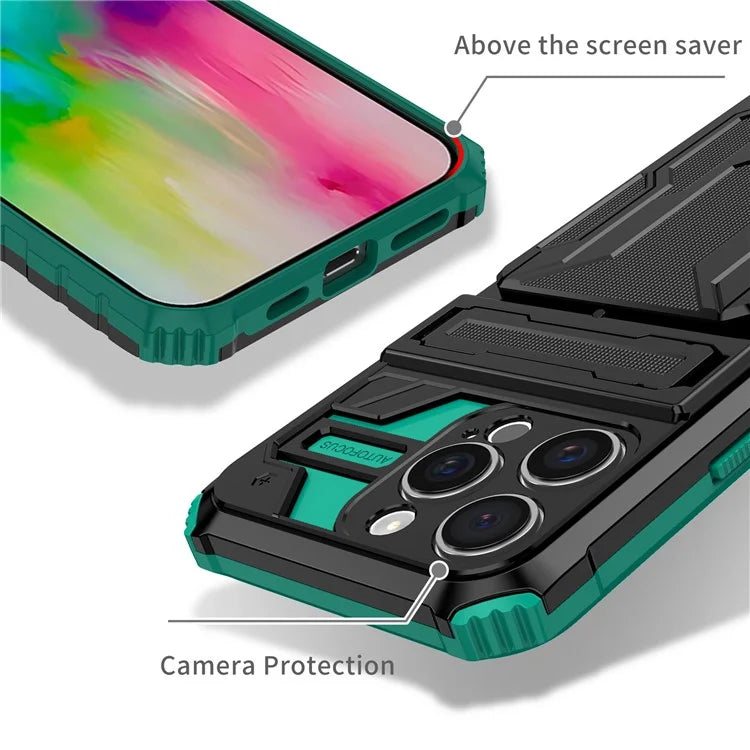 For iPhone 16 Pro Case with Card Holder PC + TPU Phone Back Cover Kickstand