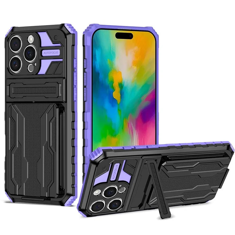 For iPhone 16 Pro Case with Card Holder PC + TPU Phone Back Cover Kickstand