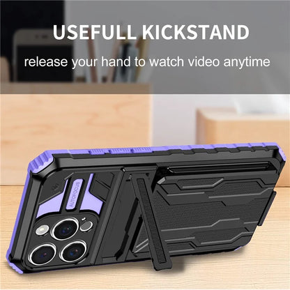 For iPhone 16 Pro Case with Card Holder PC + TPU Phone Back Cover Kickstand