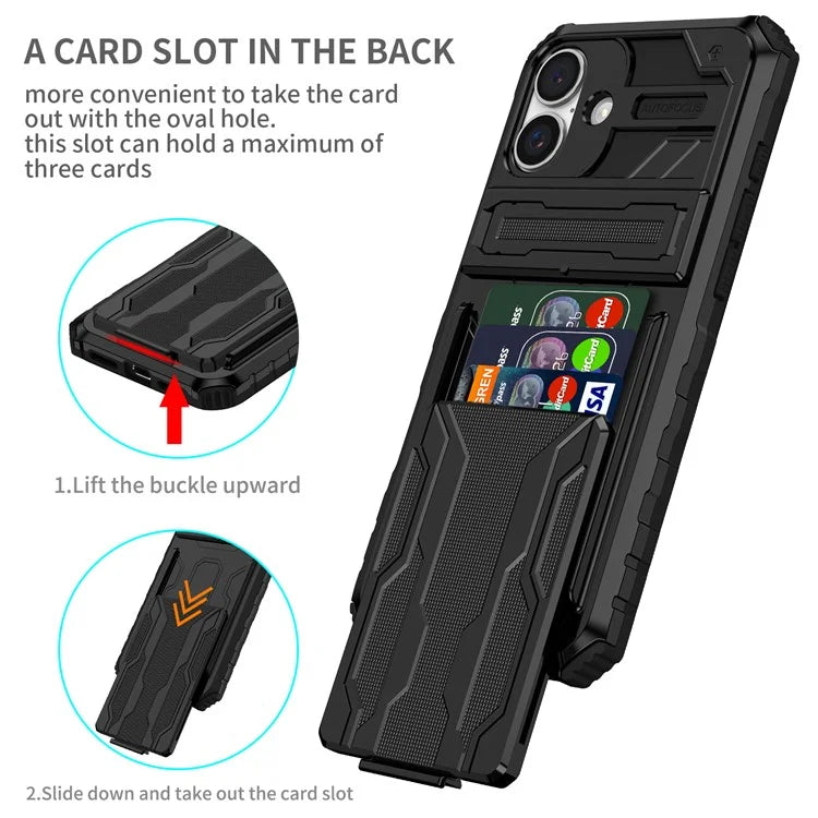 For iPhone 16 Plus Case with Card Holder PC + TPU Phone Back Cover Kickstand