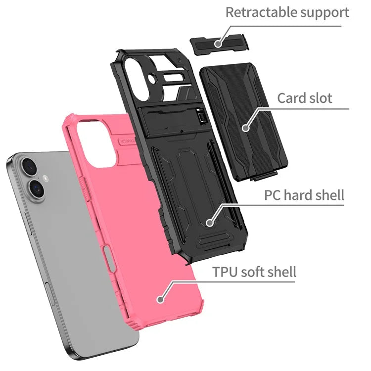 For iPhone 16 Plus Case with Card Holder PC + TPU Phone Back Cover Kickstand