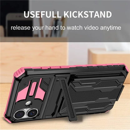 For iPhone 16 Plus Case with Card Holder PC + TPU Phone Back Cover Kickstand