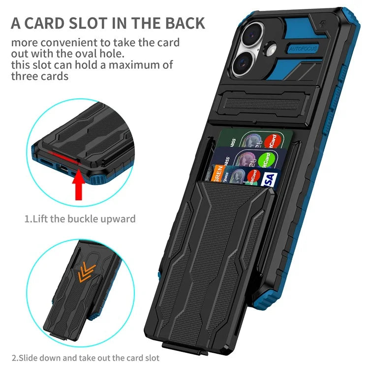 For iPhone 16 Plus Case with Card Holder PC + TPU Phone Back Cover Kickstand