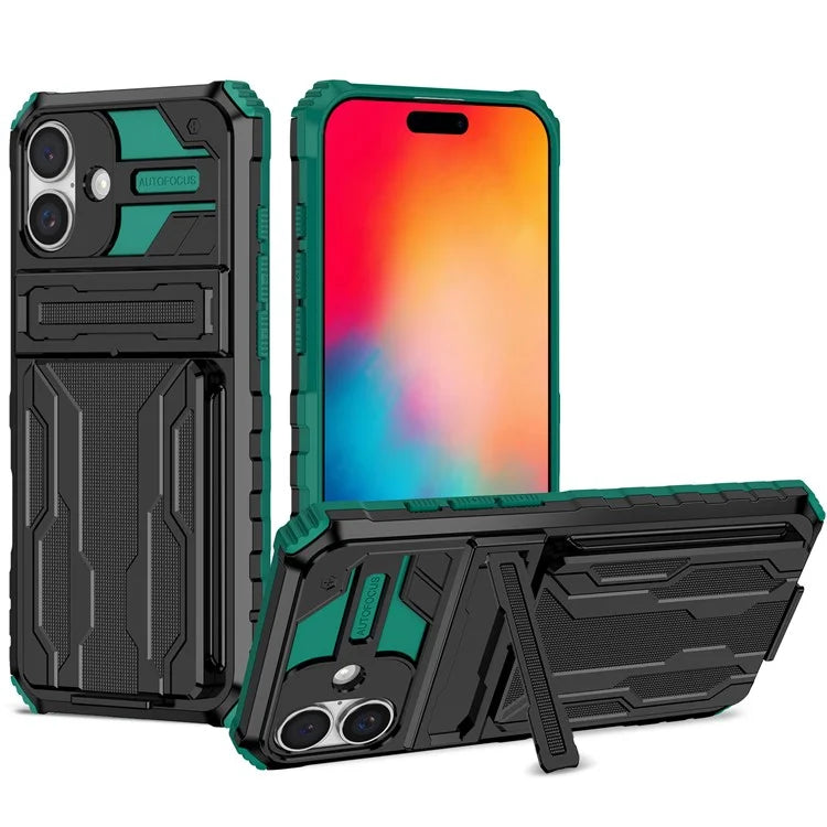 For iPhone 16 Plus Case with Card Holder PC + TPU Phone Back Cover Kickstand