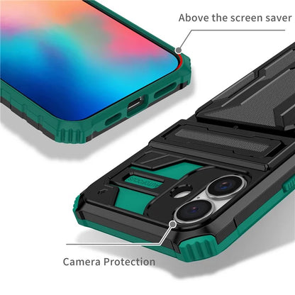 For iPhone 16 Plus Case with Card Holder PC + TPU Phone Back Cover Kickstand