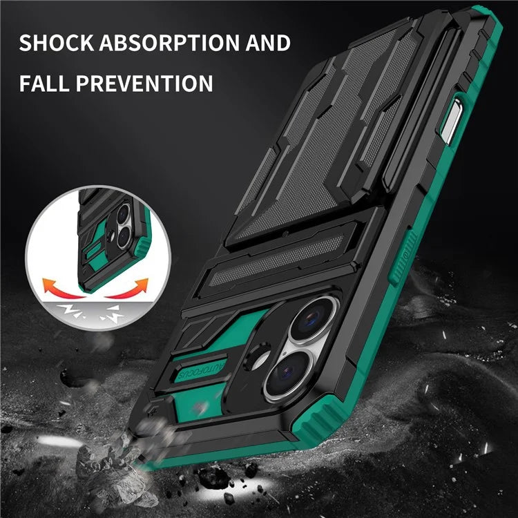 For iPhone 16 Plus Case with Card Holder PC + TPU Phone Back Cover Kickstand