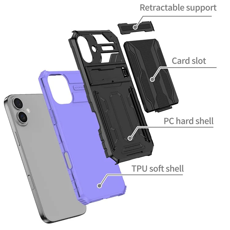 For iPhone 16 Plus Case with Card Holder PC + TPU Phone Back Cover Kickstand