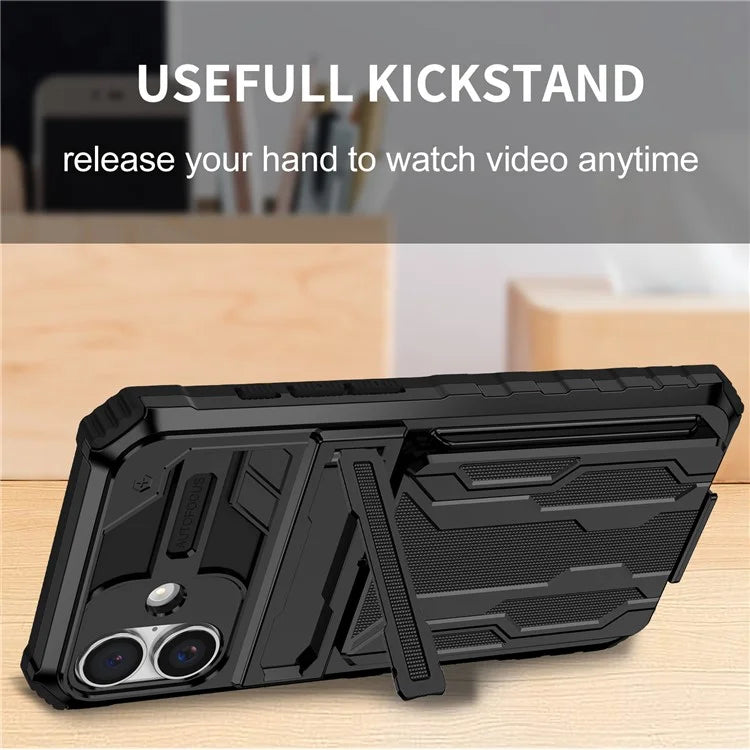 For iPhone 16 Case with Card Holder PC + TPU Phone Back Cover Kickstand