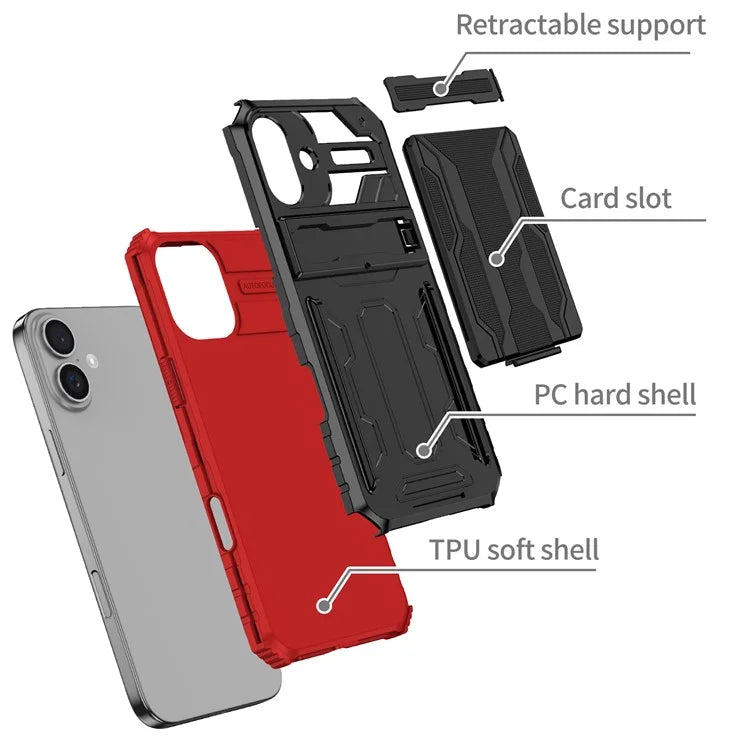 For iPhone 16 Case with Card Holder PC + TPU Phone Back Cover Kickstand