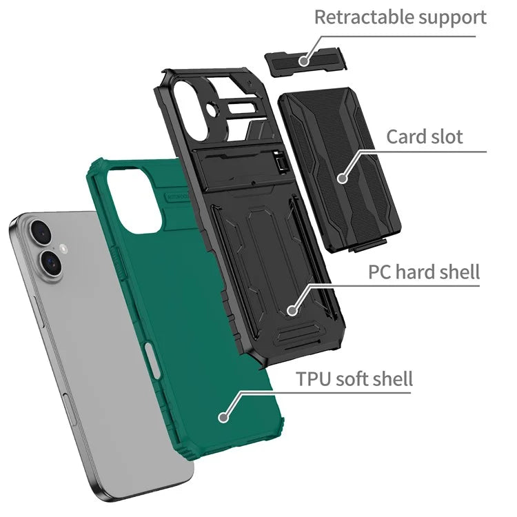 For iPhone 16 Case with Card Holder PC + TPU Phone Back Cover Kickstand