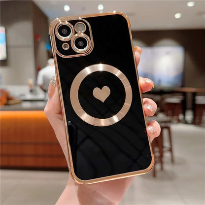 For iPhone 15 Magnetic Case Heart Pattern Electroplating TPU Phone Cover