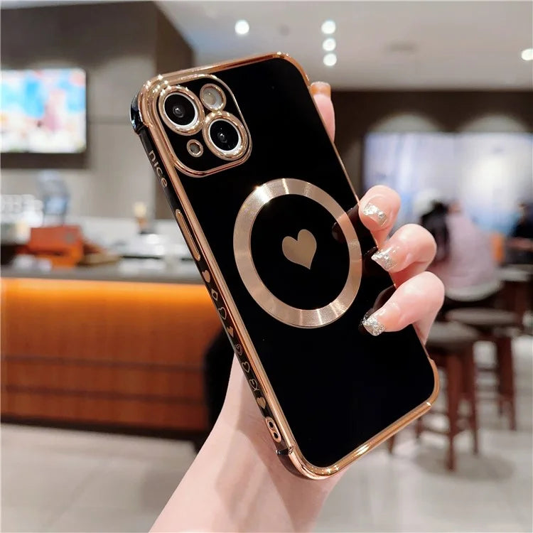 For iPhone 15 Magnetic Case Heart Pattern Electroplating TPU Phone Cover