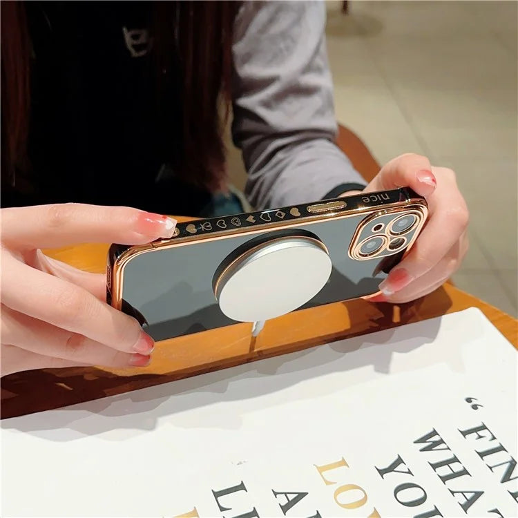 For iPhone 15 Magnetic Case Heart Pattern Electroplating TPU Phone Cover