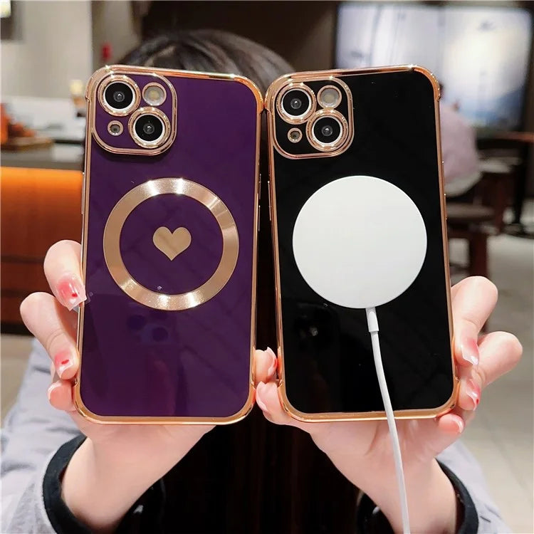 For iPhone 15 Magnetic Case Heart Pattern Electroplating TPU Phone Cover