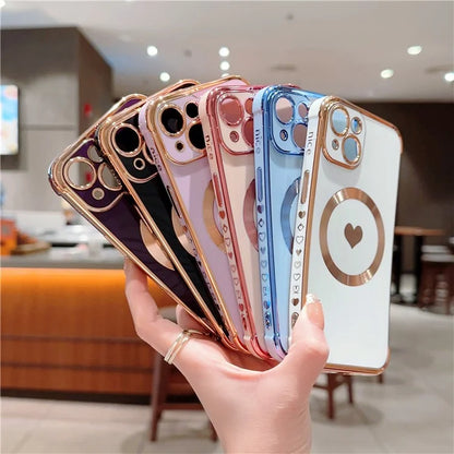 For iPhone 15 Magnetic Case Heart Pattern Electroplating TPU Phone Cover