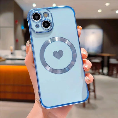 For iPhone 15 Magnetic Case Heart Pattern Electroplating TPU Phone Cover