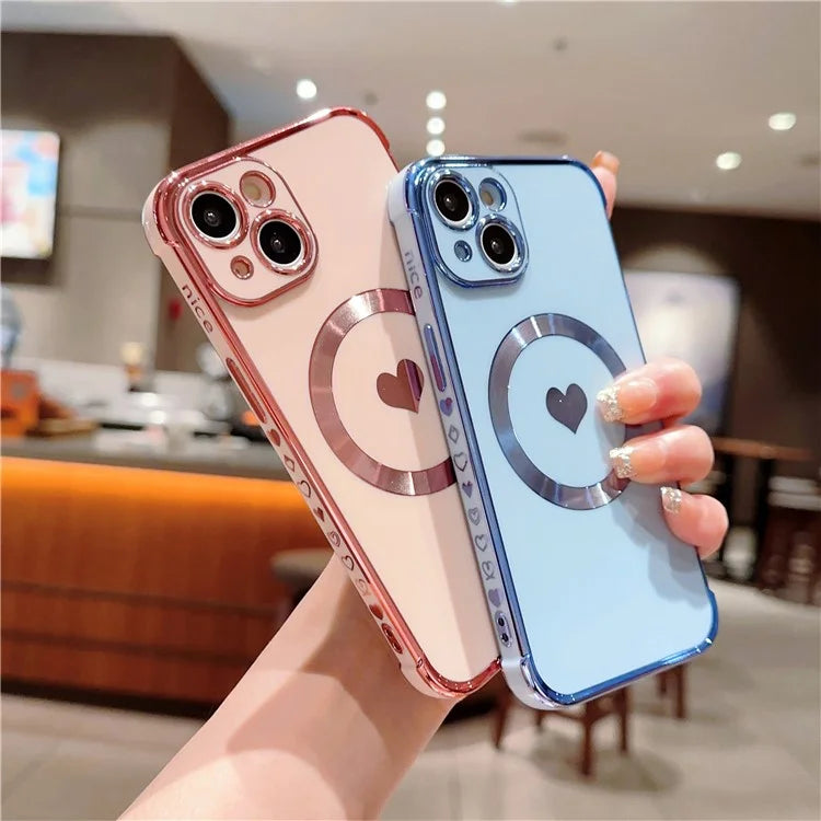For iPhone 15 Magnetic Case Heart Pattern Electroplating TPU Phone Cover