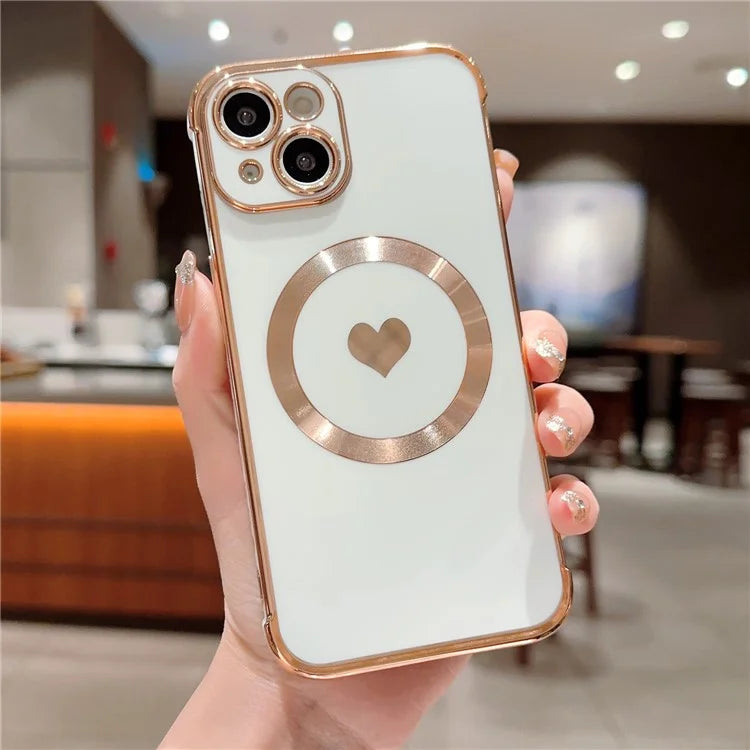 For iPhone 15 Magnetic Case Heart Pattern Electroplating TPU Phone Cover