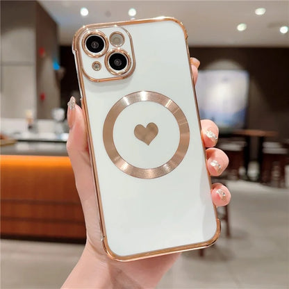For iPhone 15 Magnetic Case Heart Pattern Electroplating TPU Phone Cover