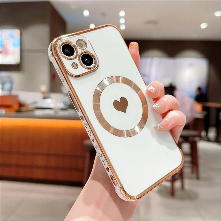 For iPhone 15 Magnetic Case Heart Pattern Electroplating TPU Phone Cover