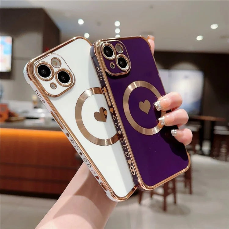 For iPhone 15 Magnetic Case Heart Pattern Electroplating TPU Phone Cover