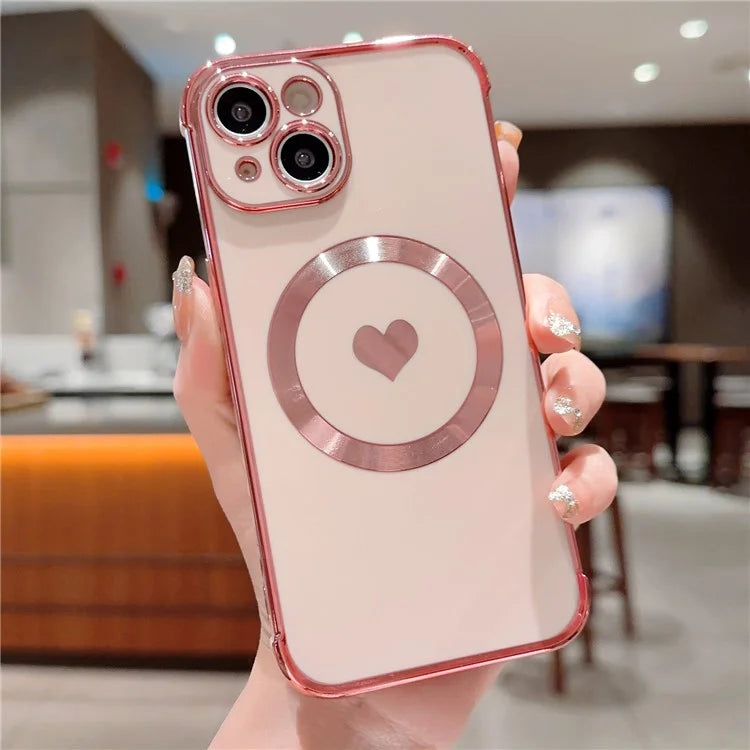 For iPhone 15 Magnetic Case Heart Pattern Electroplating TPU Phone Cover