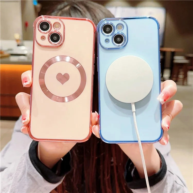 For iPhone 15 Magnetic Case Heart Pattern Electroplating TPU Phone Cover