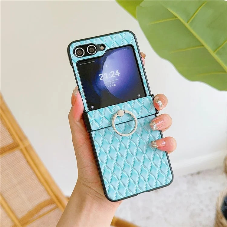 For Samsung Galaxy Z Flip6 5G Rhombus Imprinted PU Leather Coated PC Phone Cover with Ring Kickstand