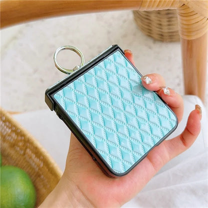 For Samsung Galaxy Z Flip6 5G Rhombus Imprinted PU Leather Coated PC Phone Cover with Ring Kickstand