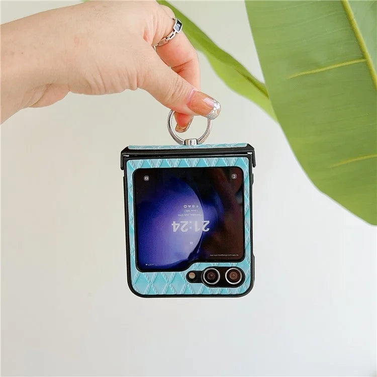 For Samsung Galaxy Z Flip6 5G Rhombus Imprinted PU Leather Coated PC Phone Cover with Ring Kickstand